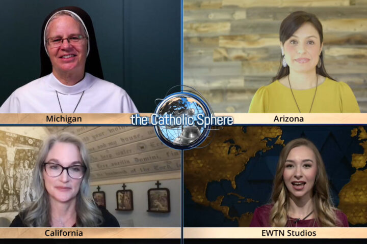 The Catholic Sphere episode screengrab with a nun and three women looking at the screen and talking about Catholic parenting and vocations
