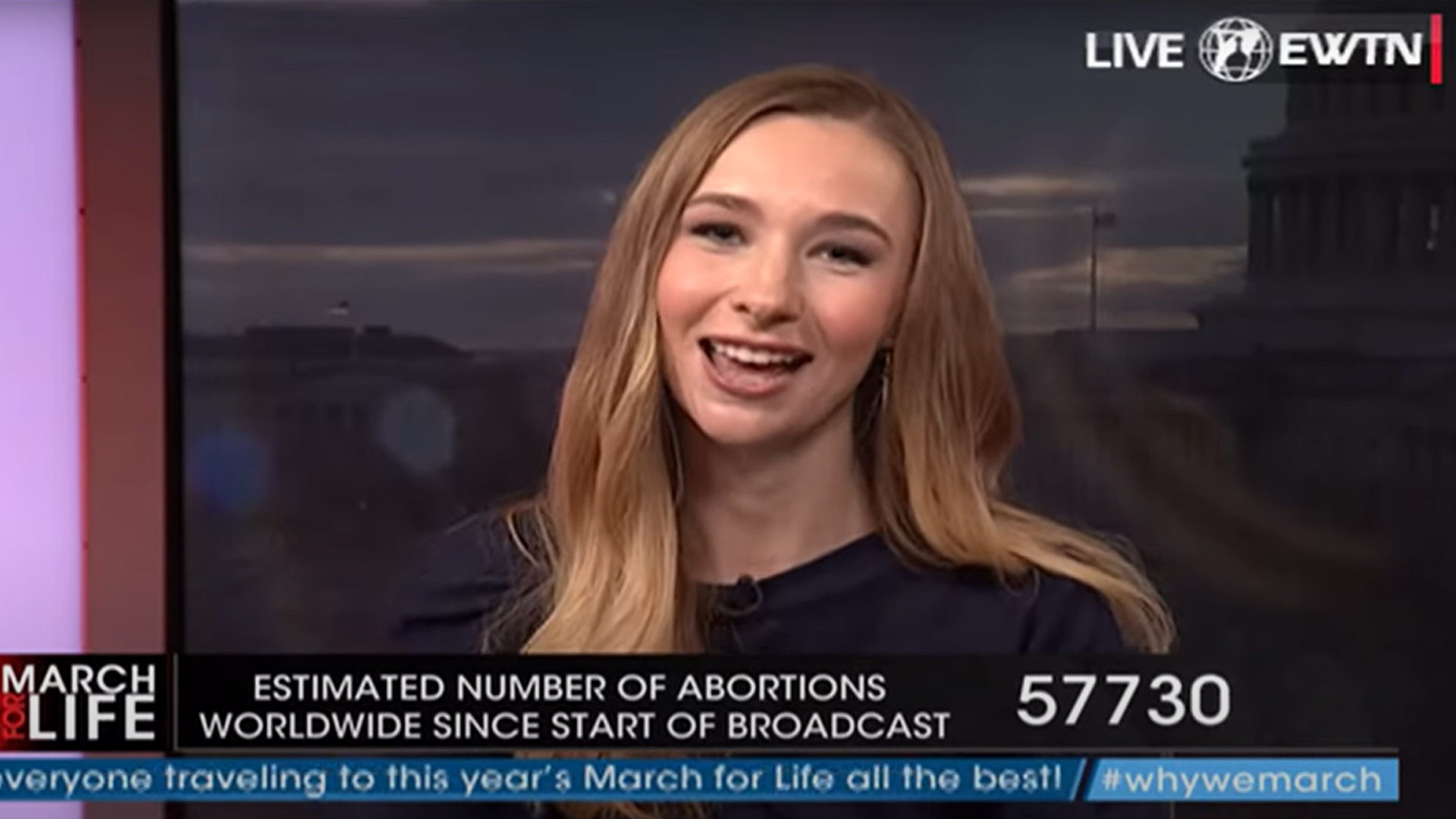 A female TV anchor looks at the camera during live EWTN coverage of the March for Life